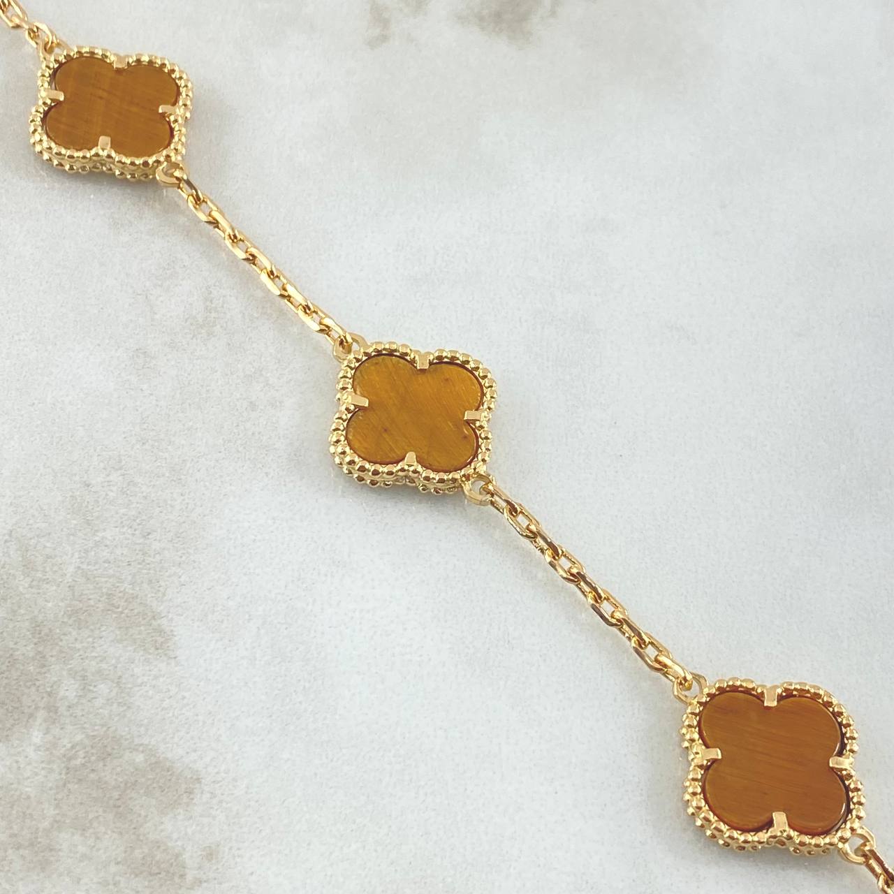 Classic Link Bracelet Trébol VCyA 14.3gr / 21.5cm / 3mm Ojo De Tigre Punteado Oro Amarillo 18K