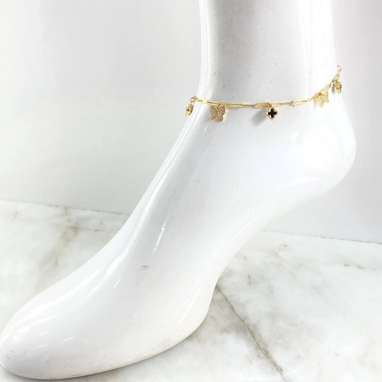 Ankle Bracelet Box 7gr / 23cm-25cm / White Zircon Butterfly-Gold Clover +3 18K ©