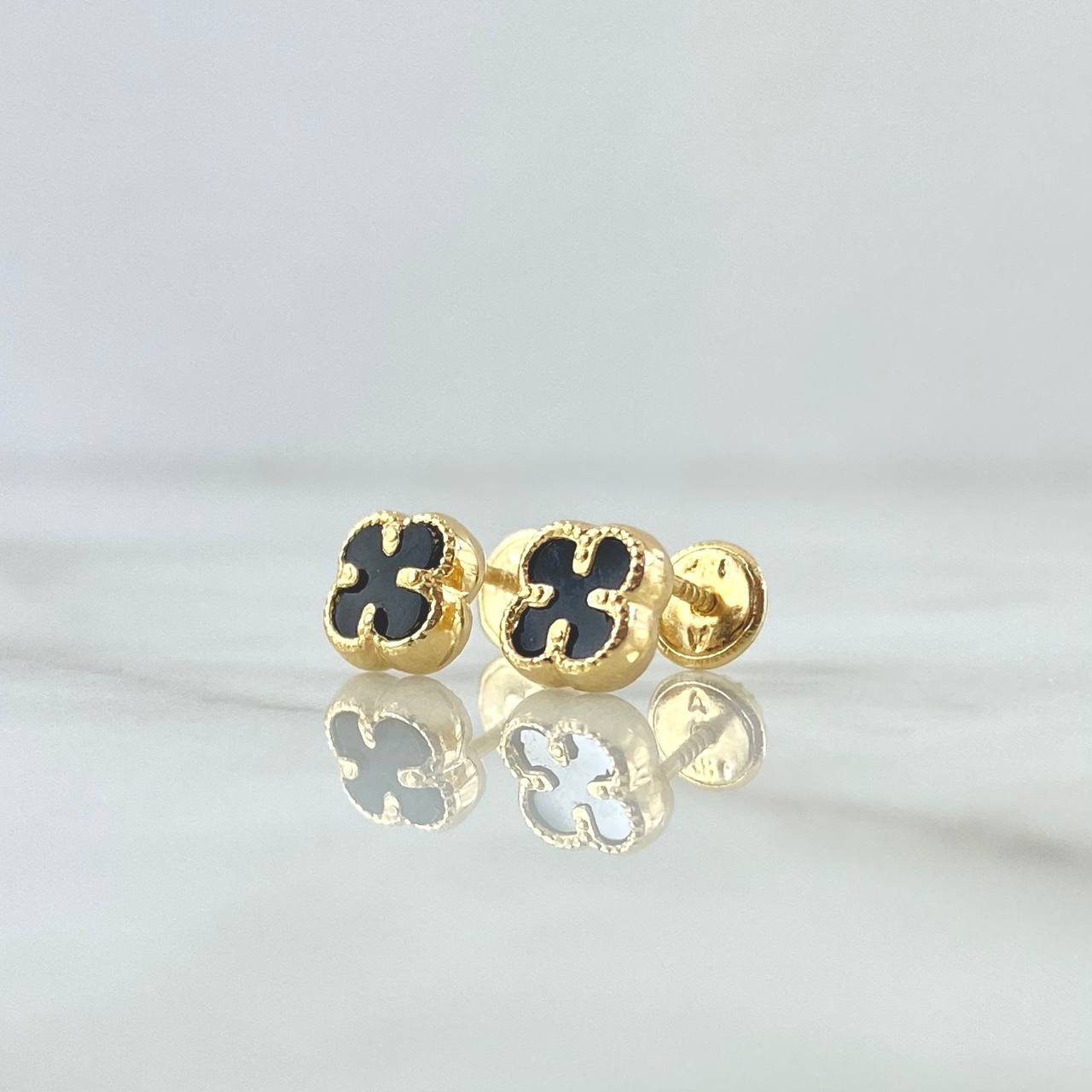 Stud Earrings Clover VCyA 0.9gr / 7mm Black Onyx Dotted Yellow Gold Nat. Esp 18K