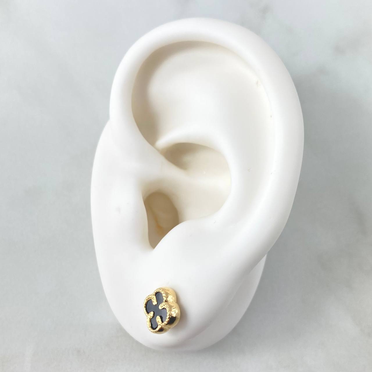 Stud Earrings Clover VCyA 0.9gr / 7mm Black Onyx Dotted Yellow Gold Nat. Esp 18K