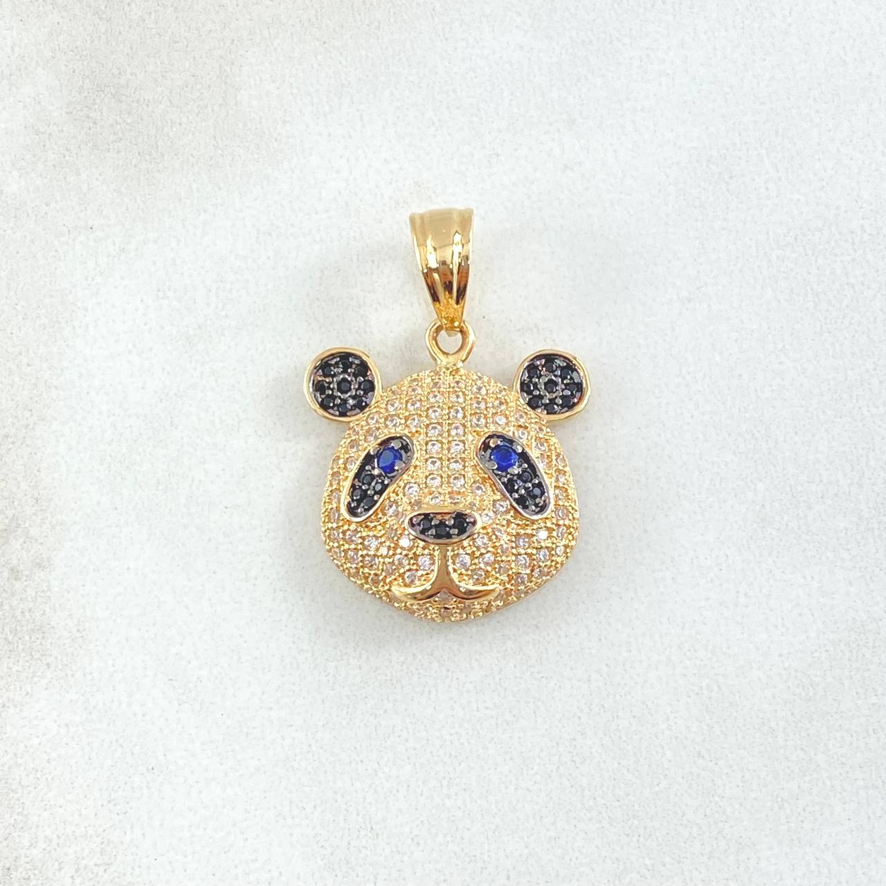 Pendant Face Panda Bear 4.7gr / 2.8cm / Black White Blue Zircons Yellow Gold 18K