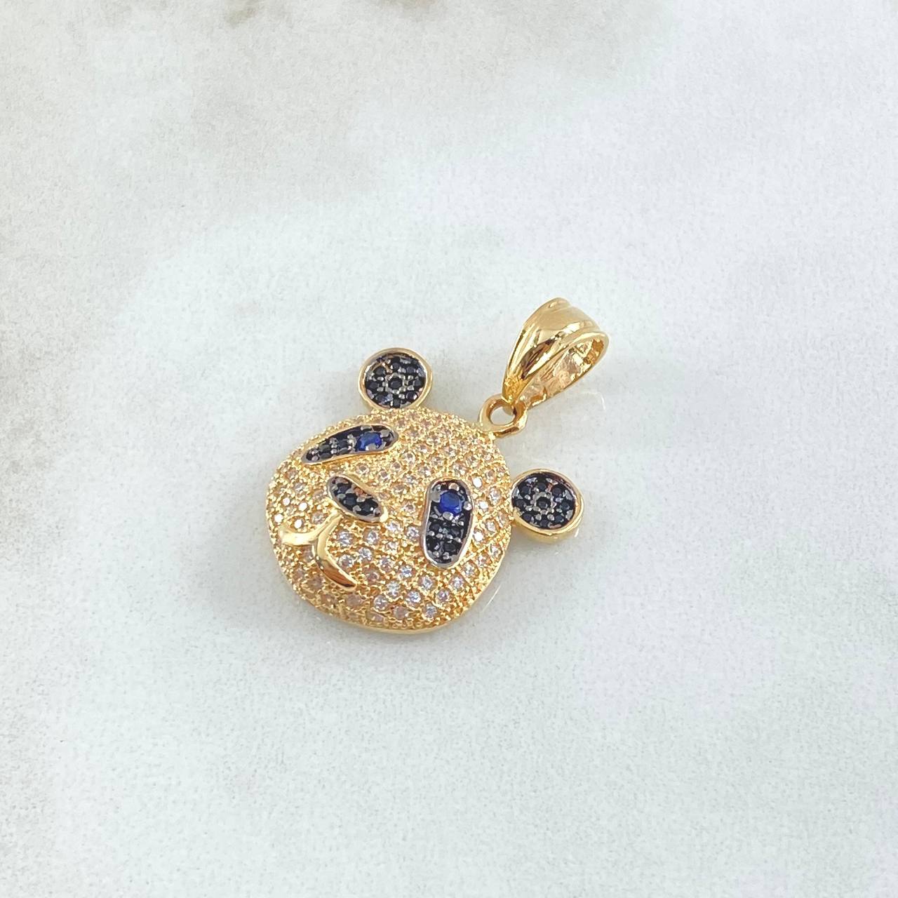 Pendant Face Panda Bear 4.7gr / 2.8cm / Black White Blue Zircons Yellow Gold 18K