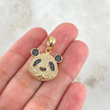 Pendant Face Panda Bear 4.7gr / 2.8cm / Black White Blue Zircons Yellow Gold 18K