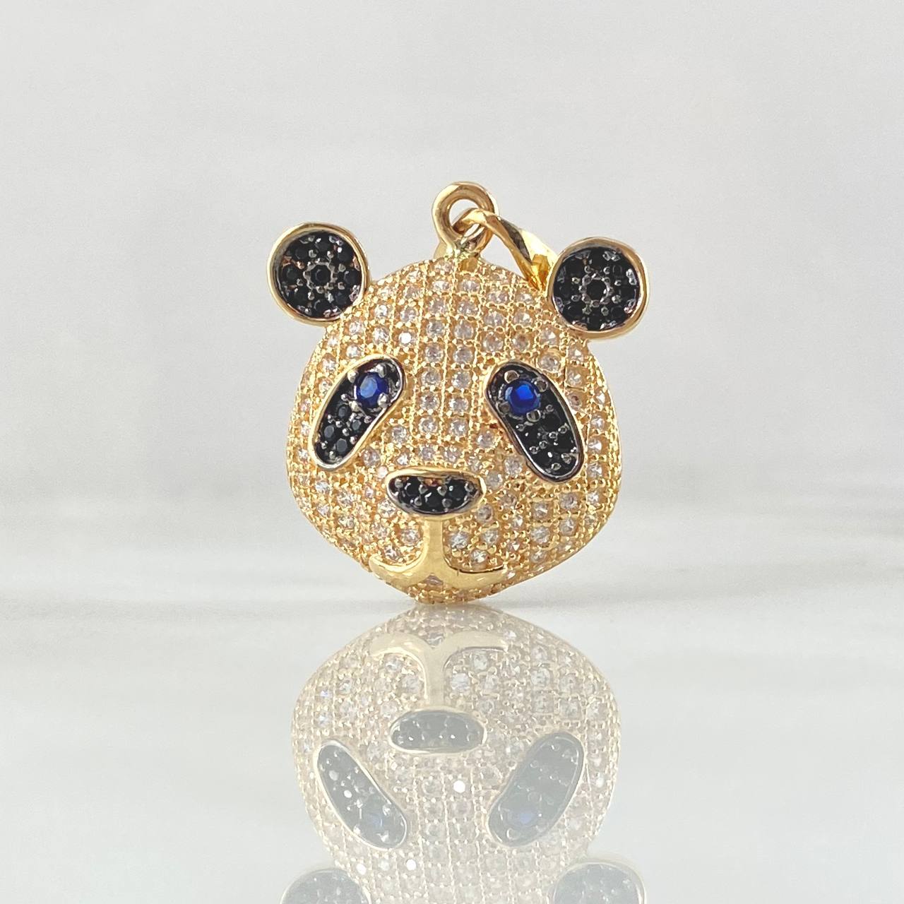 Pendant Face Panda Bear 4.7gr / 2.8cm / Black White Blue Zircons Yellow Gold 18K