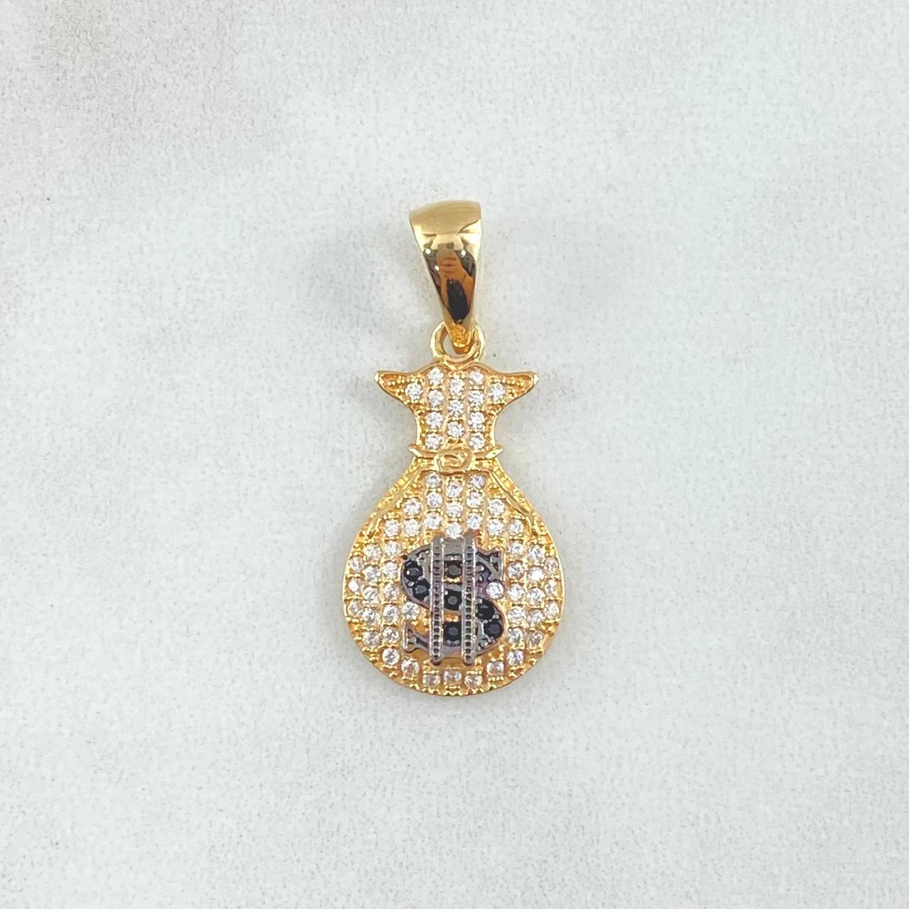 Pendant Money Bag 2.2gr / 2.8cm / Black White Zircons Yellow Gold 18K