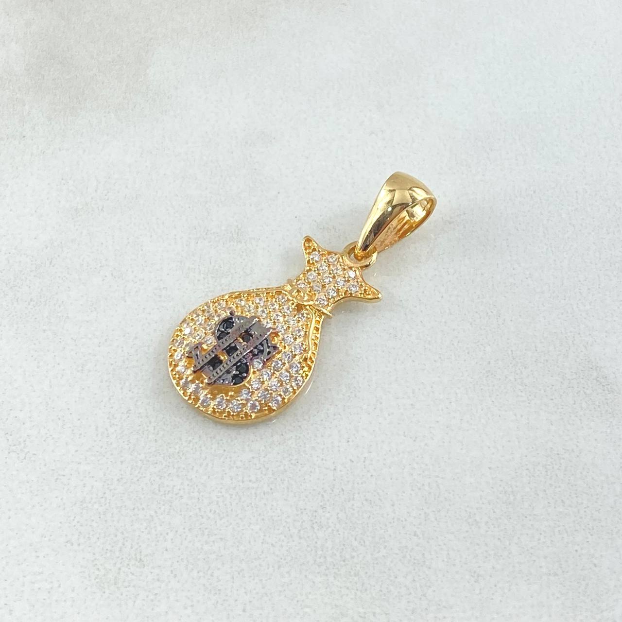 Pendant Money Bag 2.2gr / 2.8cm / Black White Zircons Yellow Gold 18K