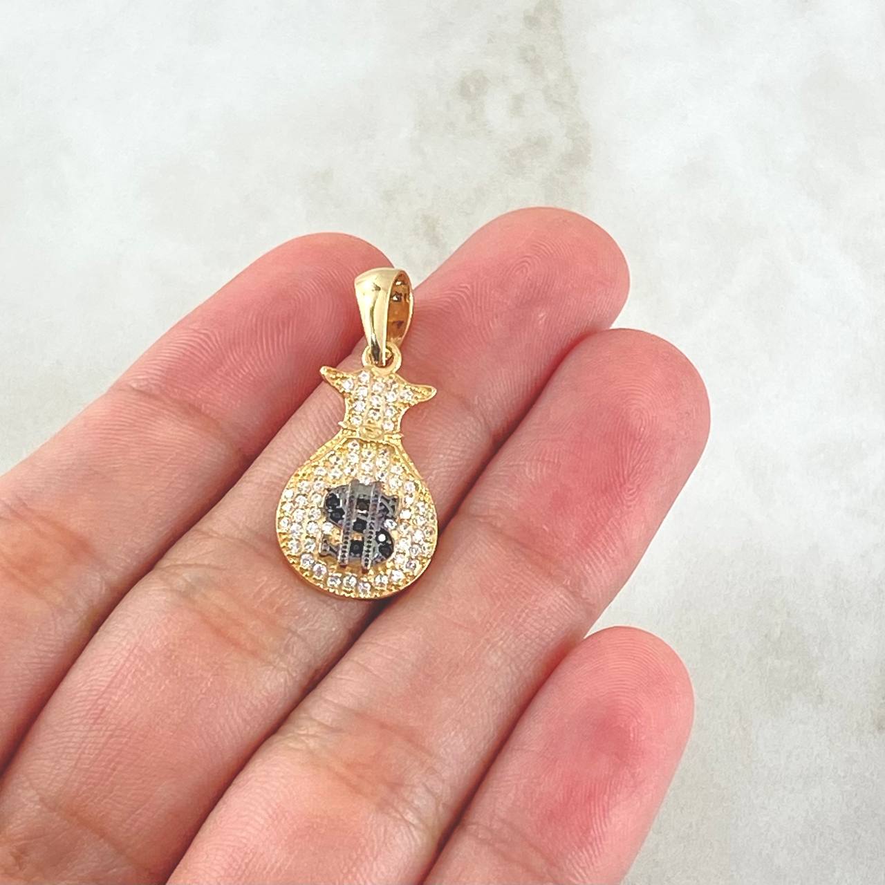 Pendant Money Bag 2.2gr / 2.8cm / Black White Zircons Yellow Gold 18K