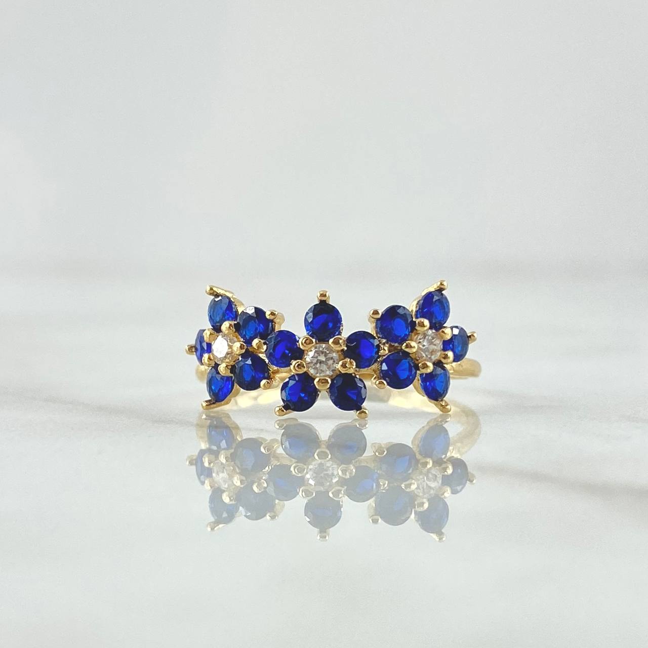 Trio Snowy Flower Ring 1.75gr / Size 6 / White and Blue Zircons 18K Yellow Gold