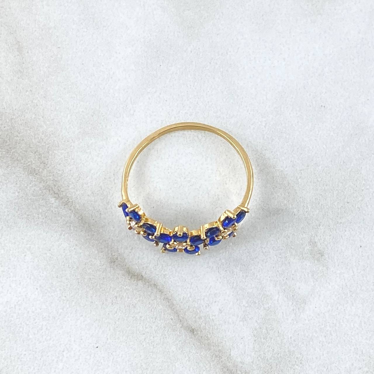 Trio Snowy Flower Ring 1.75gr / Size 6 / White and Blue Zircons 18K Yellow Gold