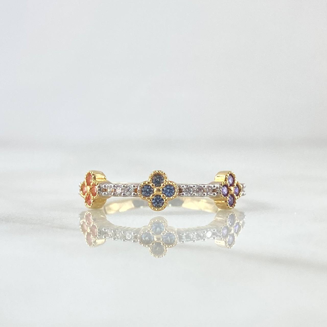 Trio Flower Ring 2.05gr / Size 7 1/2 / Punctuated - Colored Zircons 18K Yellow Gold