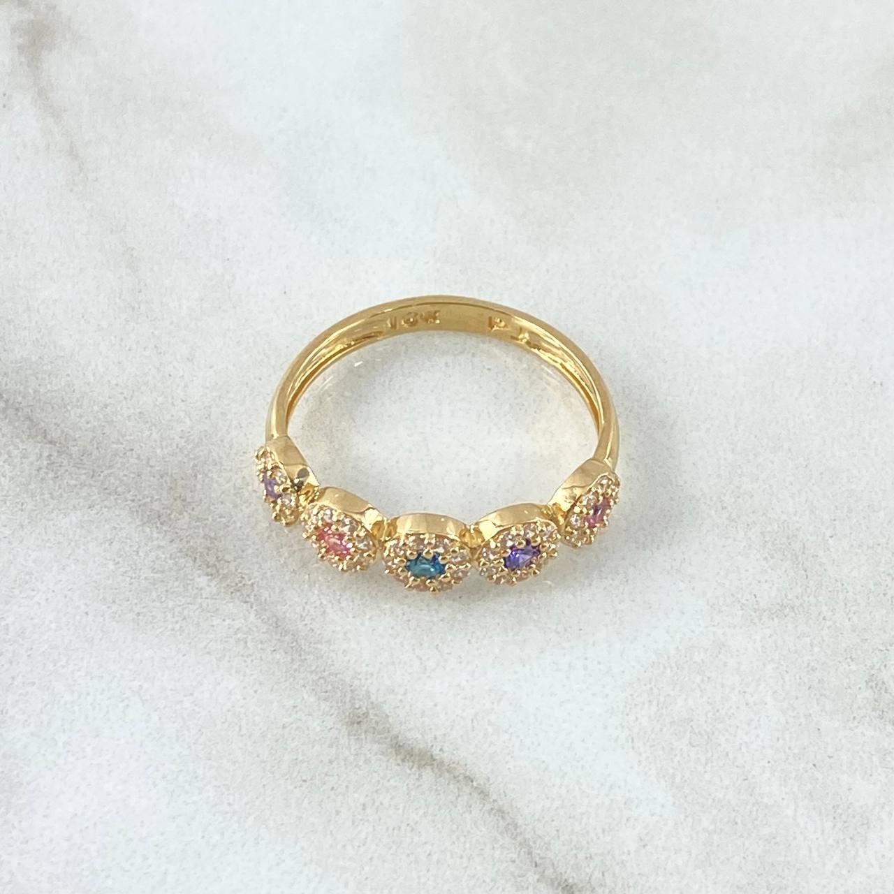 Dense Circles Ring 2.4gr / T6 3/4 / Colored Zircons 18K Yellow Gold