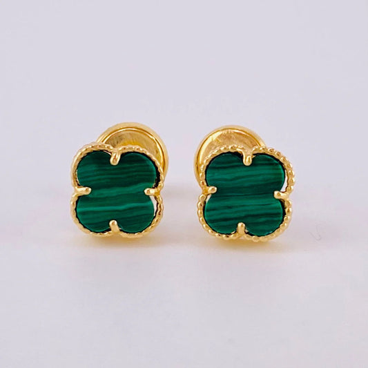 Stud Earrings Clover Green Malachite 1.25 g / in / 6.3 mm Yellow Gold 18K