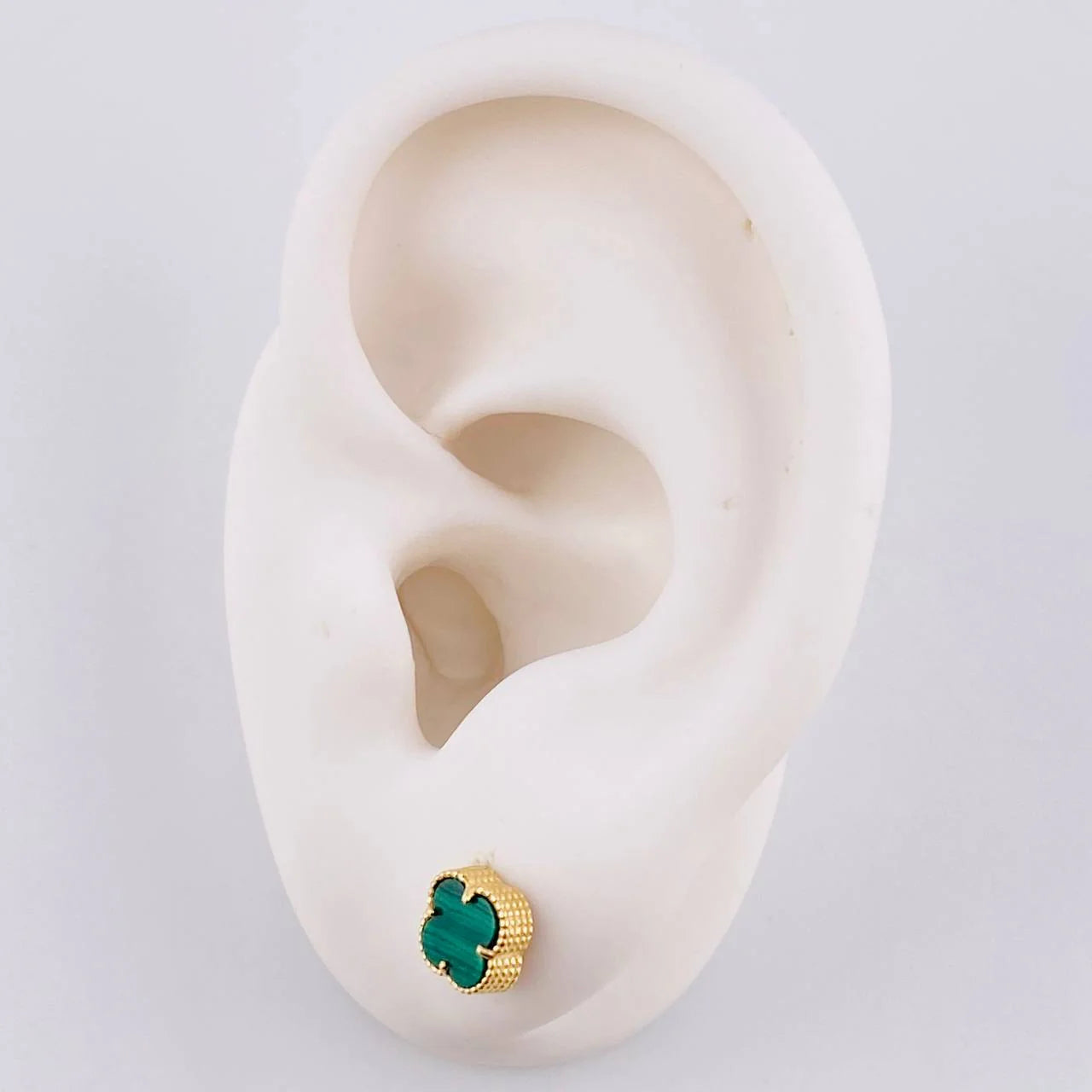 Stud Earrings Clover Green Malachite 1.25 g / in / 6.3 mm Yellow Gold 18K