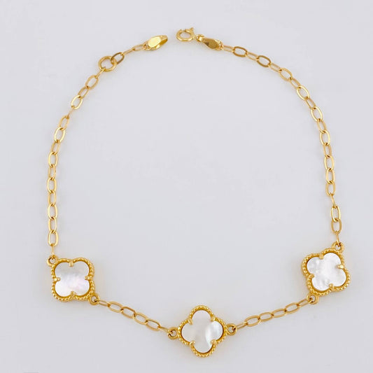 Clover Bracelet White Mother of Pearl Diamond Cut 4.15gr / 7 3/4 in / 10mm 18K Yellow Gold Nac.Esp.