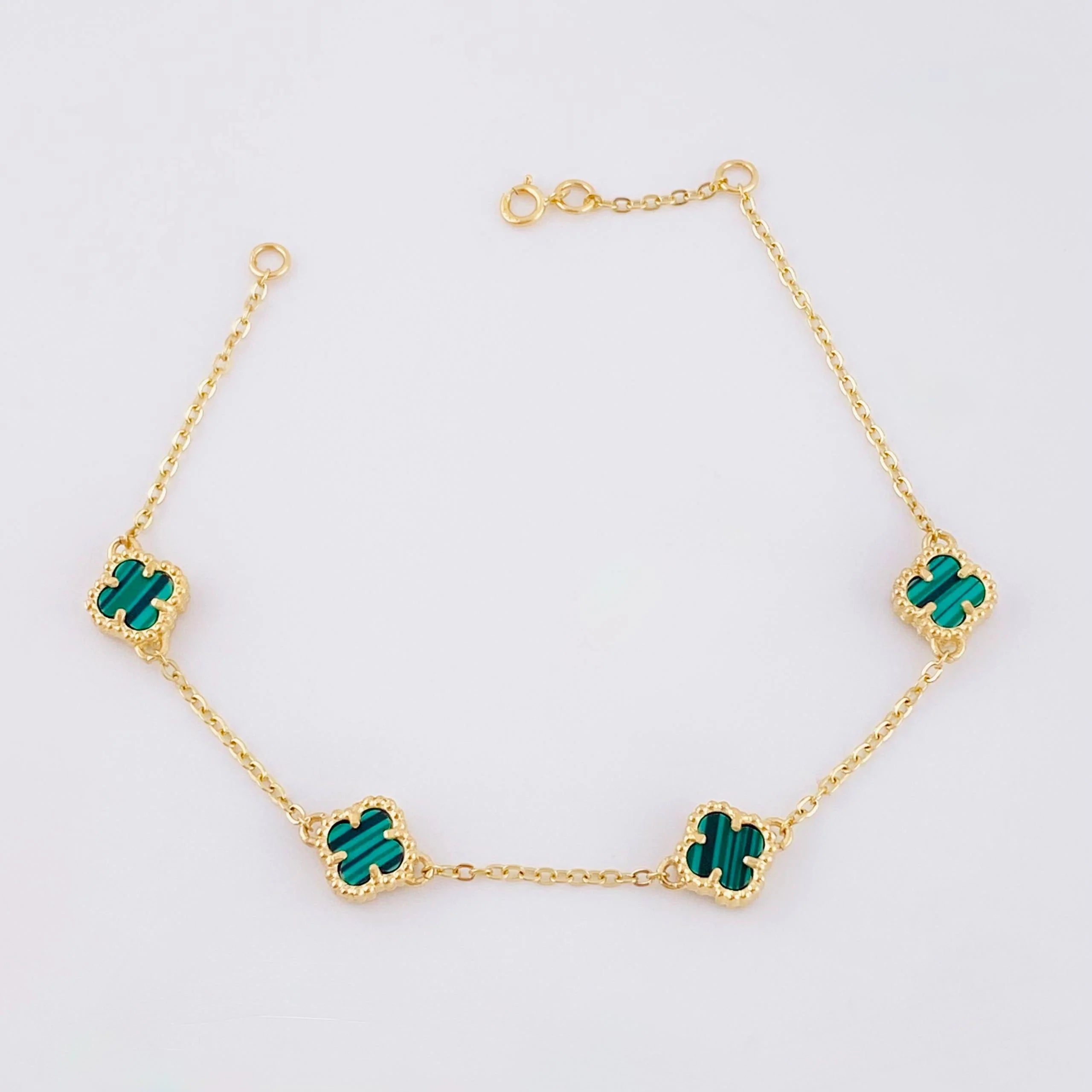 Pulso Modulable Trebol Malaquita Verde 4.45 g / 7 1/4 in - 6 1/2 in / 1.36 mm Oro Amarillo 18K