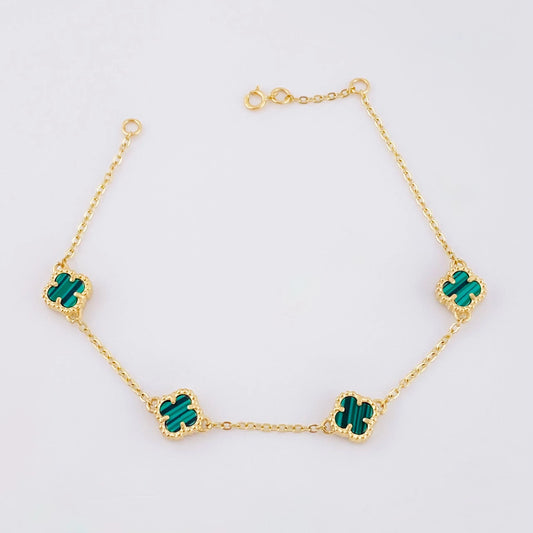 Pulso Modulable Trebol Malaquita Verde 4.45 g / 7 1/4 in - 6 1/2 in / 1.36 mm Oro Amarillo 18K