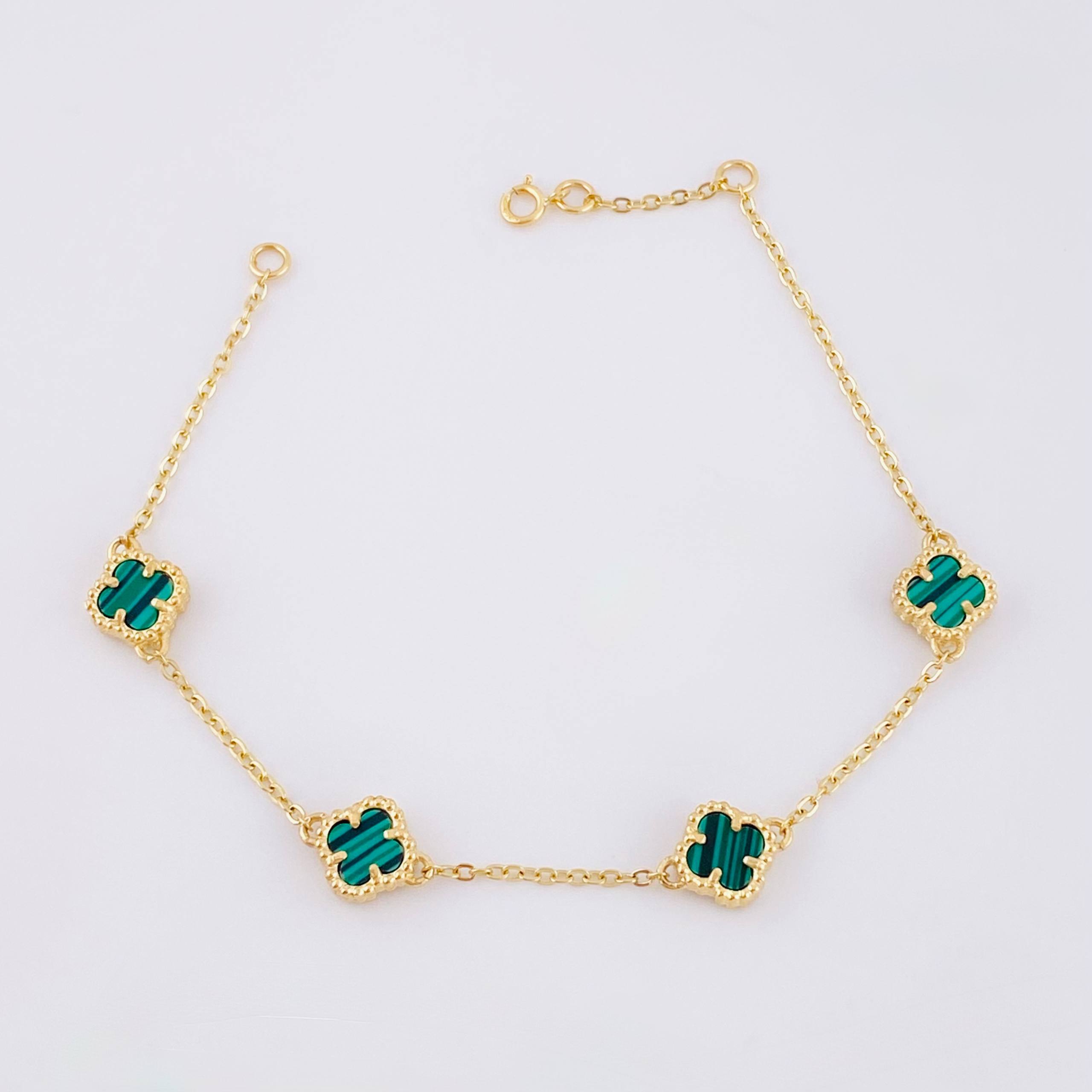Pulso Trebol Malaquita Verde 4gr / 7 in / 7mm Oro Amarillo Nac.Esp. 18K