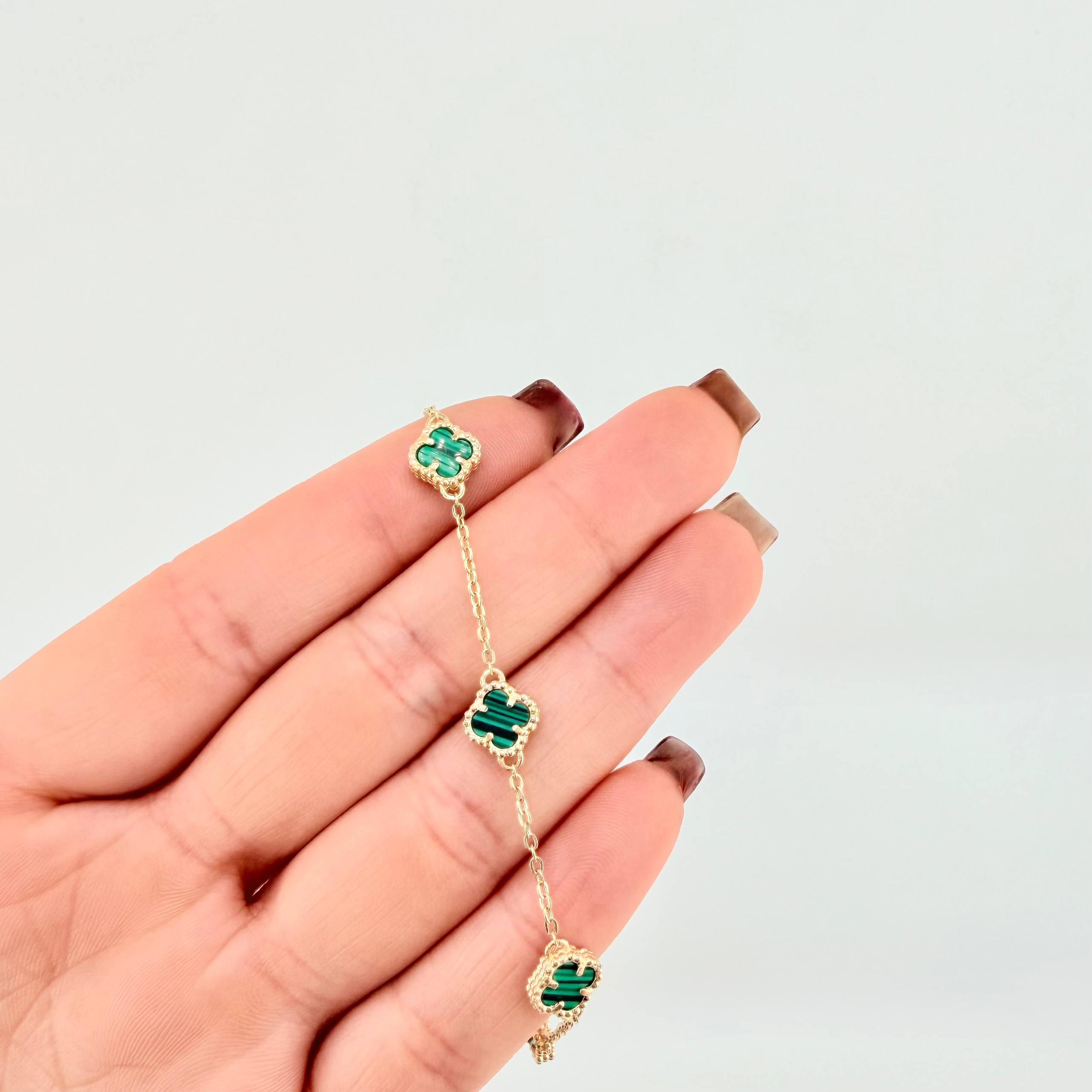 Pulso Trebol Malaquita Verde 4gr / 7 in / 7mm Oro Amarillo Nac.Esp. 18K