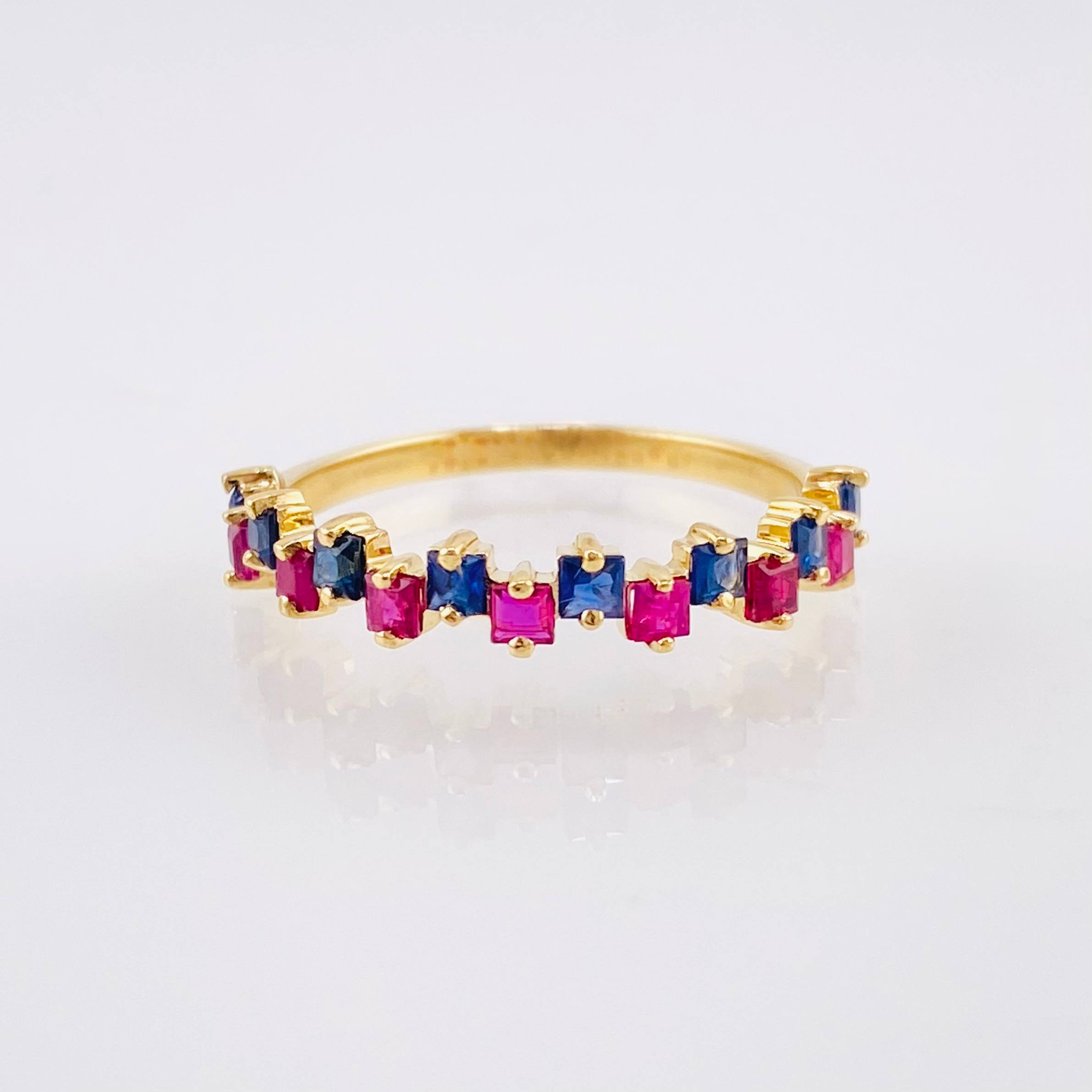 Channel Ring Blue Fuchsia Sapphires 74pts 1.8gr / T7 / 18K Yellow Gold *