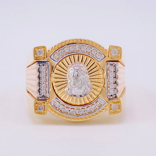 Anillo Sello Rectangular Cristo 11.7g / T10 1/2 Tres Oros 18K