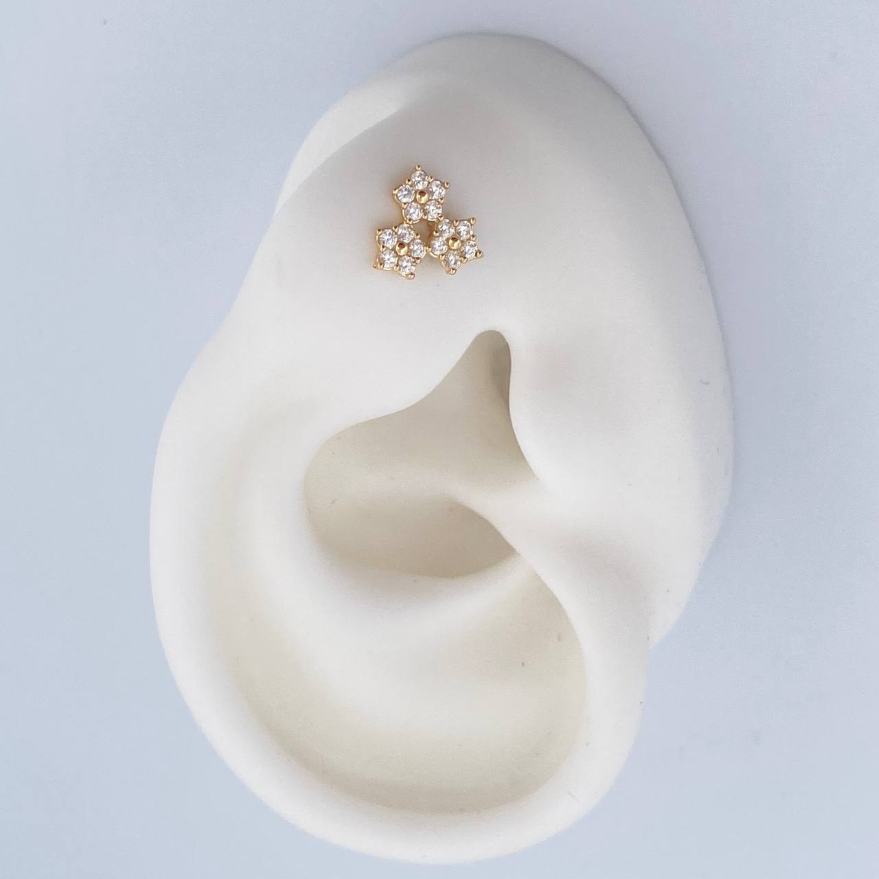 Stud Earrings Trio Flowers 1.05gr / White Zircons Yellow Gold 18K $