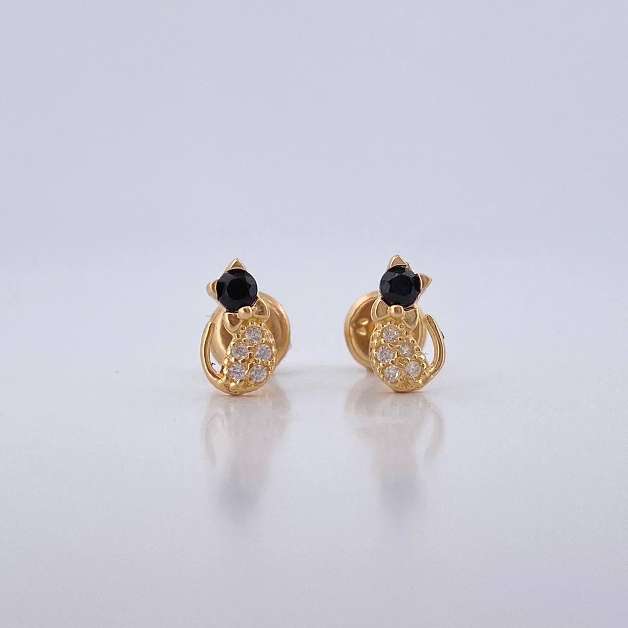 Stud Earrings Bow Cat 0.95gr / White Black Zircons Yellow Gold 18K $