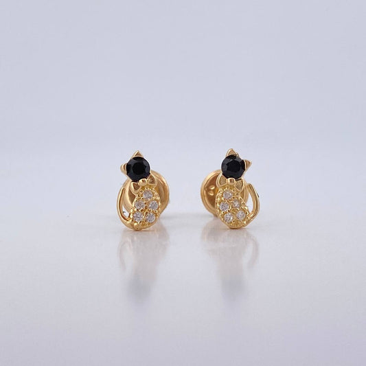 Stud Earrings Bow Cat 0.95gr / White Black Zircons Yellow Gold 18K $