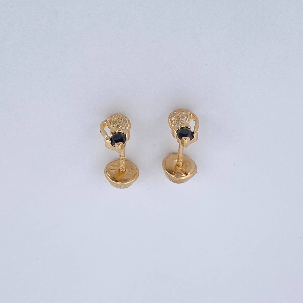 Stud Earrings Bow Cat 0.95gr / White Black Zircons Yellow Gold 18K $