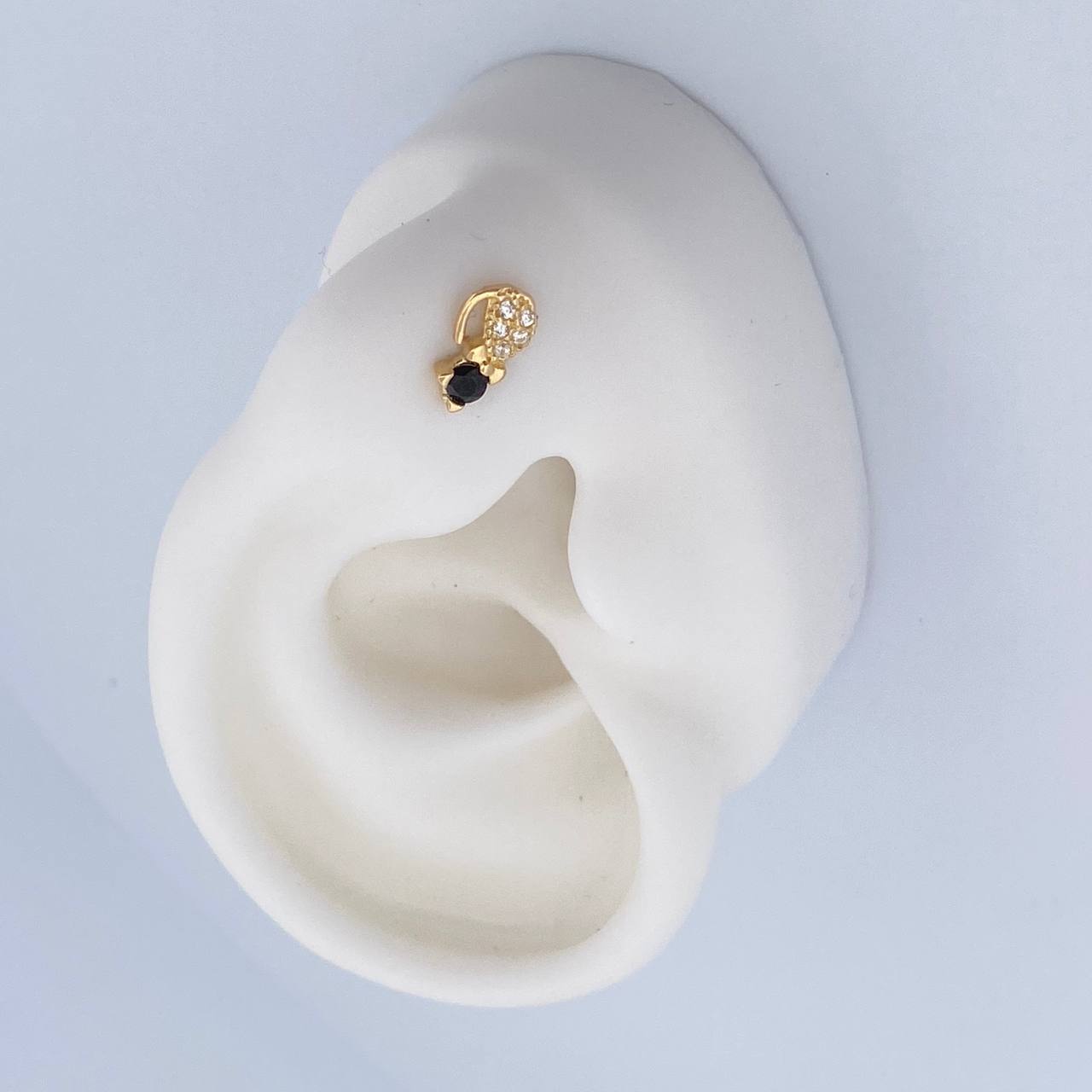 Stud Earrings Bow Cat 0.95gr / White Black Zircons Yellow Gold 18K $