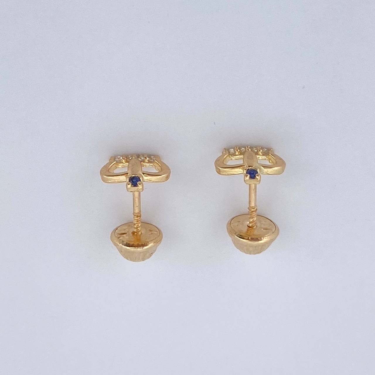 Stud Earrings Real Crown 0.95gr / White Zircons Blue Yellow Gold 18K $