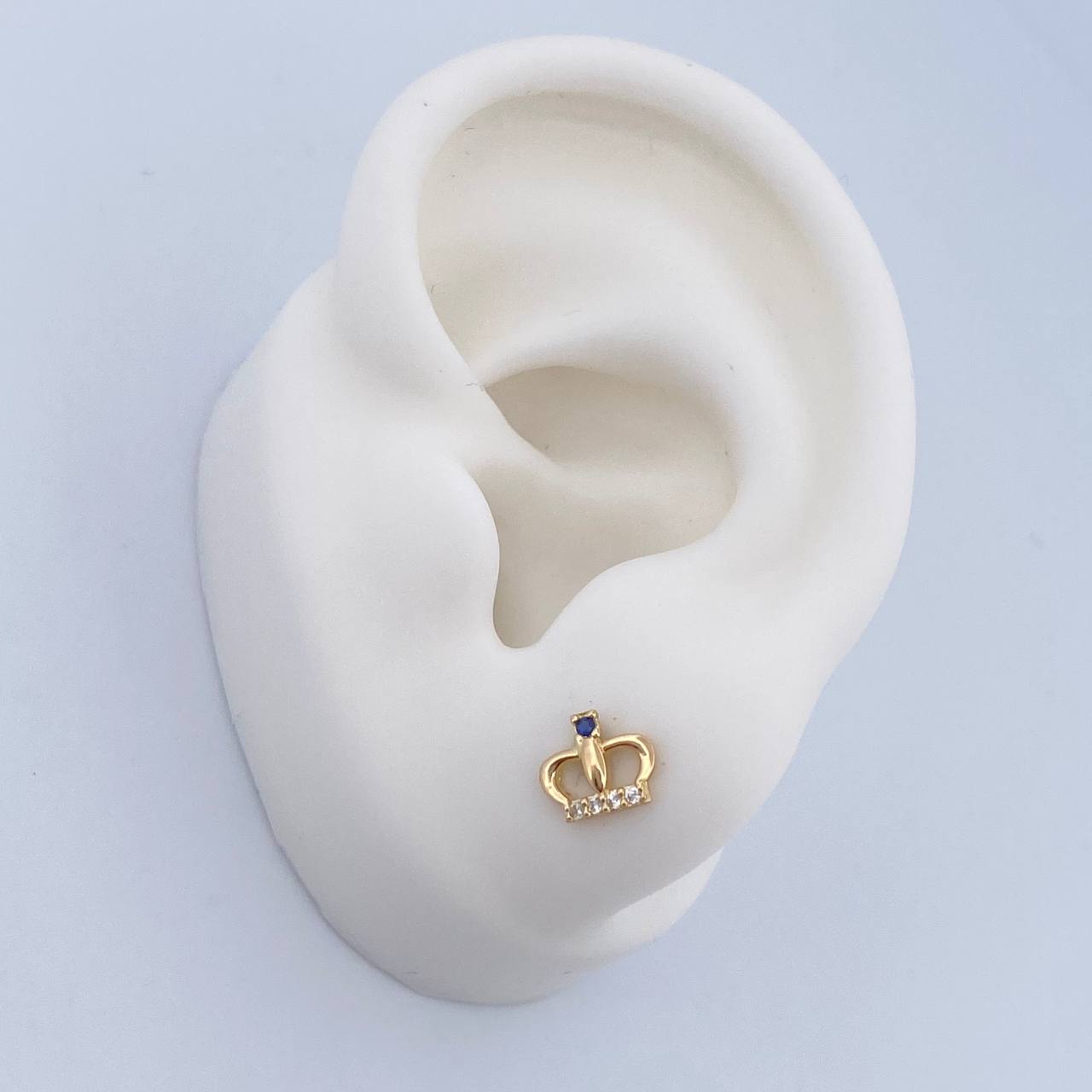 Stud Earrings Real Crown 0.95gr / White Zircons Blue Yellow Gold 18K $