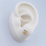 Stud Earrings Real Crown 0.95gr / White Zircons Blue Yellow Gold 18K $