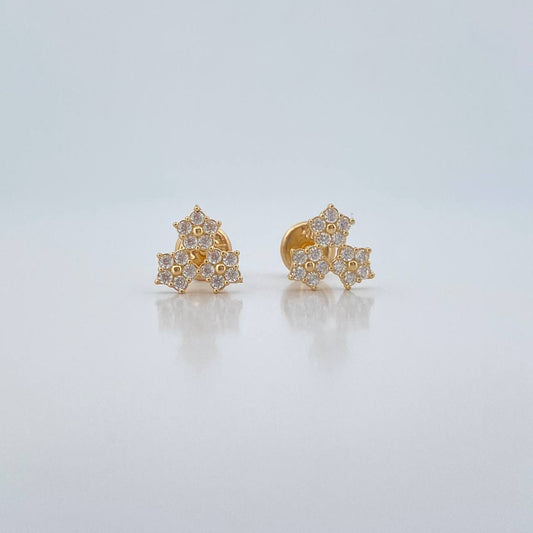 Stud Earrings Trio Flowers 1.05gr / White Zircons Yellow Gold 18K $