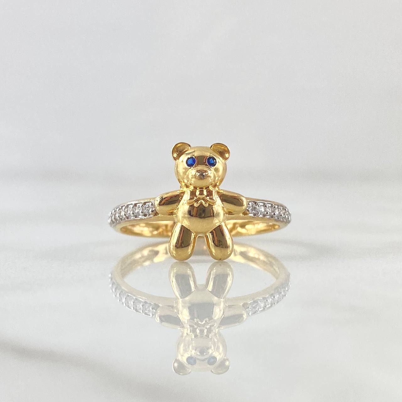 Bear Ring In Half Churumbela 2.3gr / Size 6 1/2 / Blue Zircon Eyes White Zircons 18K Yellow Gold