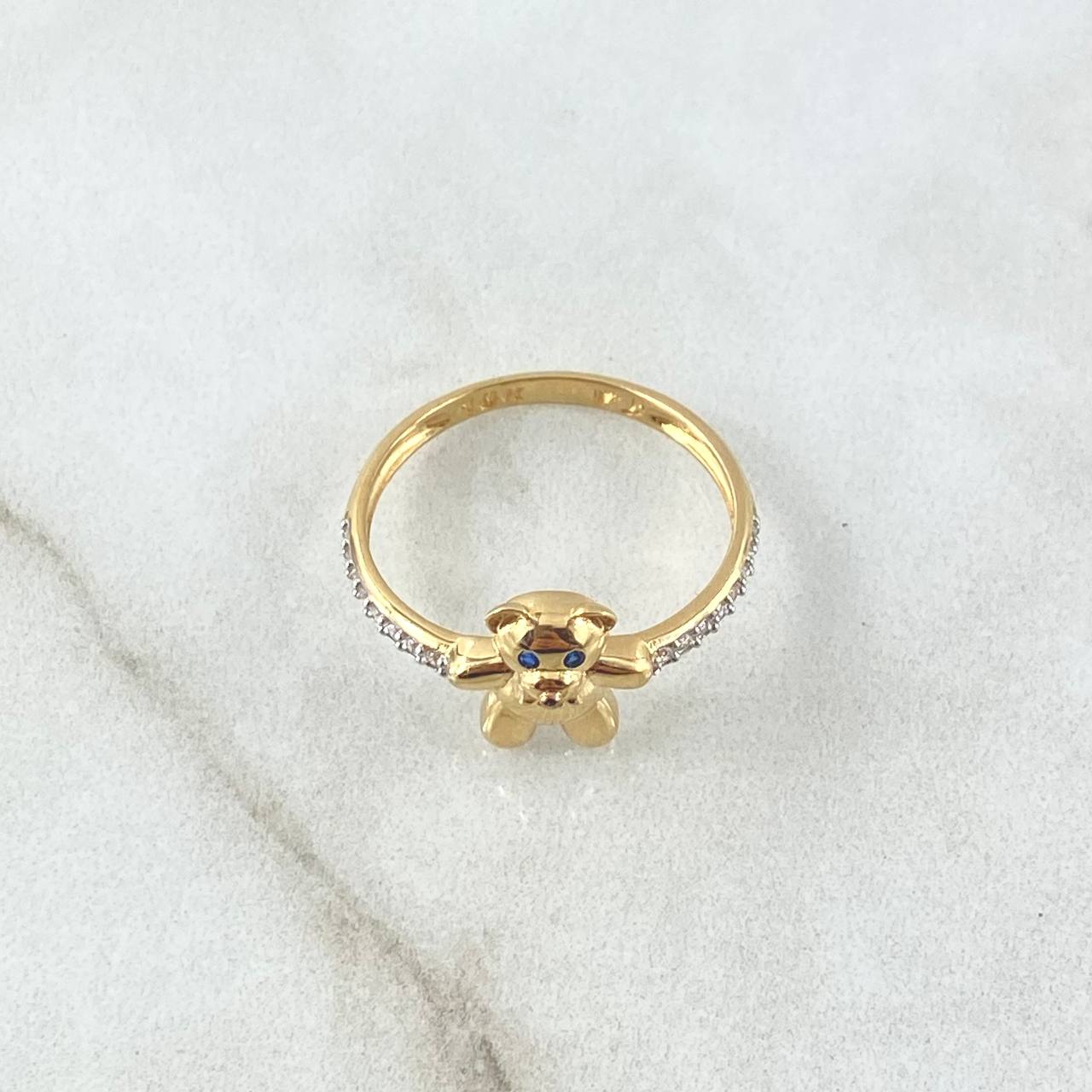 Bear Ring In Half Churumbela 2.3gr / Size 6 1/2 / Blue Zircon Eyes White Zircons 18K Yellow Gold