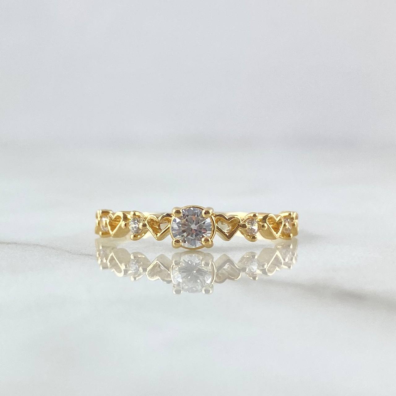 Ring Solitaire - Interspersed Hearts 1.45gr / Size 7 1/2 / White Zircons 18K Yellow Gold