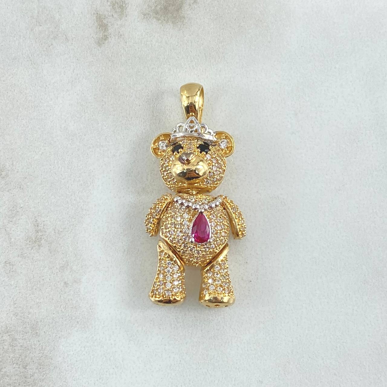 Pendant Articulated Bear Crown Necklace 9.05gr / 4cm / White Fuchsia Black Zircons Two Yellows White Gold