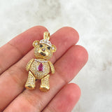Pendant Articulated Bear Crown Necklace 9.05gr / 4cm / White Fuchsia Black Zircons Two Yellows White Gold