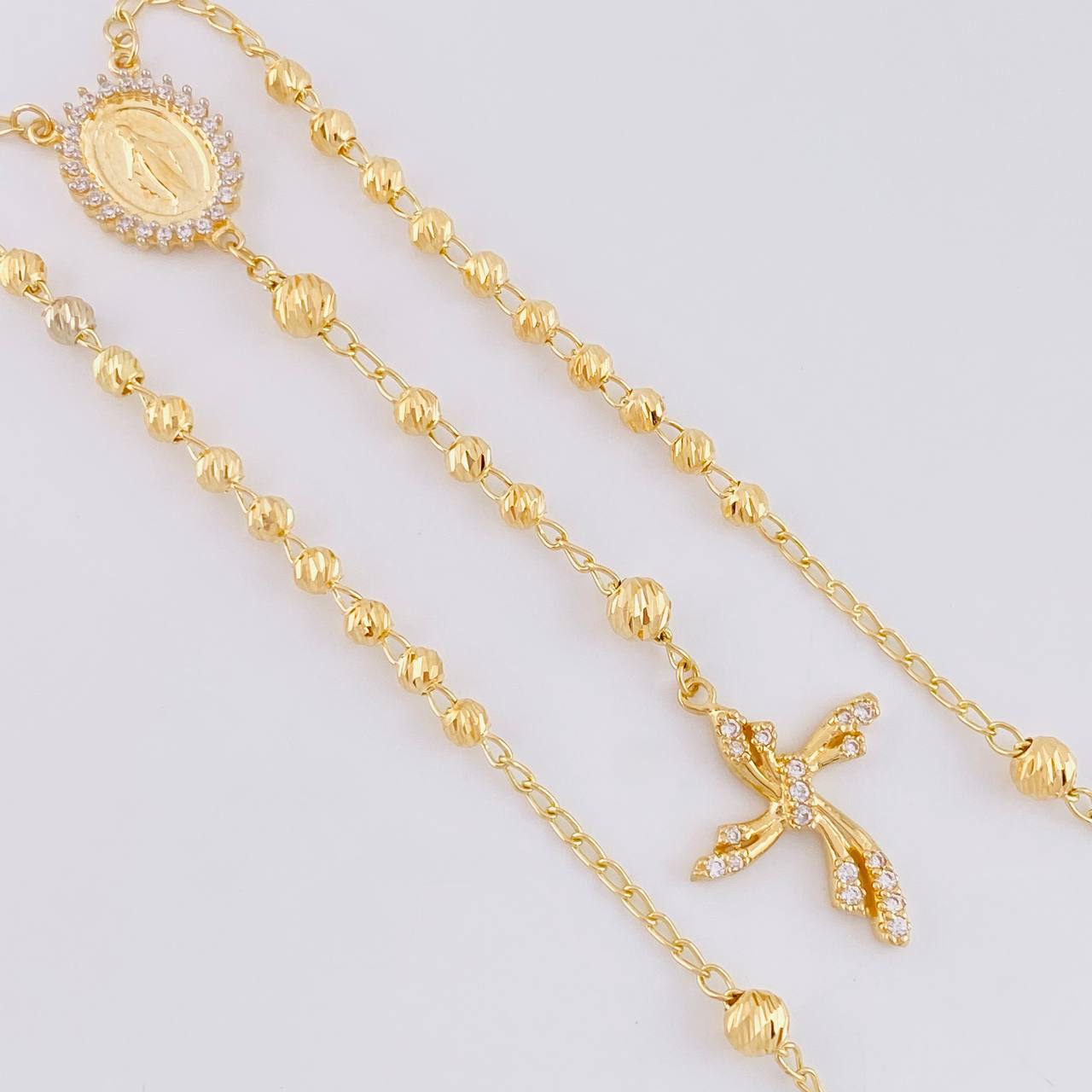 Rosario Virgen Milagrosa Cruz Diamantado 9.2g / 20 in / 3.4mm Oro Amarillo 18K