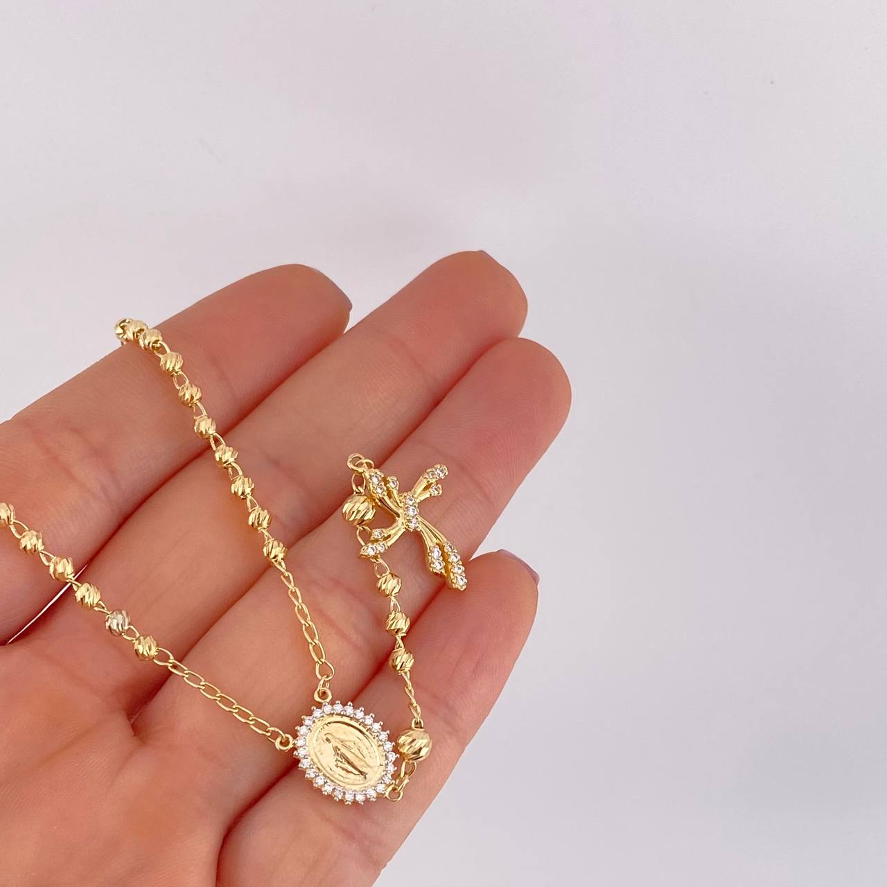 Rosario Virgen Milagrosa Cruz Diamantado 9.2g / 20 in / 3.4mm Oro Amarillo 18K