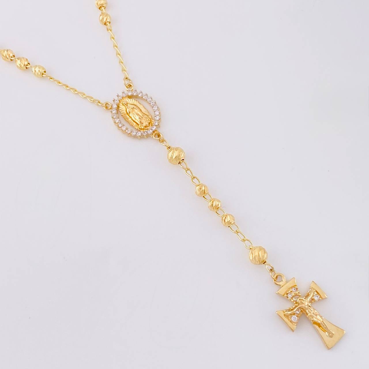 Rosario Virgen Guadalupe Cruz Cristo Diamantado 8.85g / 20 in / 3.4mm Oro Amarillo 18K