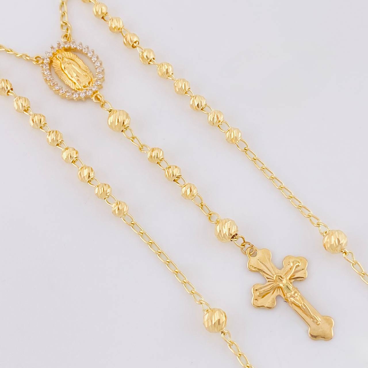 Rosario Virgen Guadalupe Cruz Cristo Diamantado 8.6g / 20 in / 3.4mm Oro Amarillo 18K