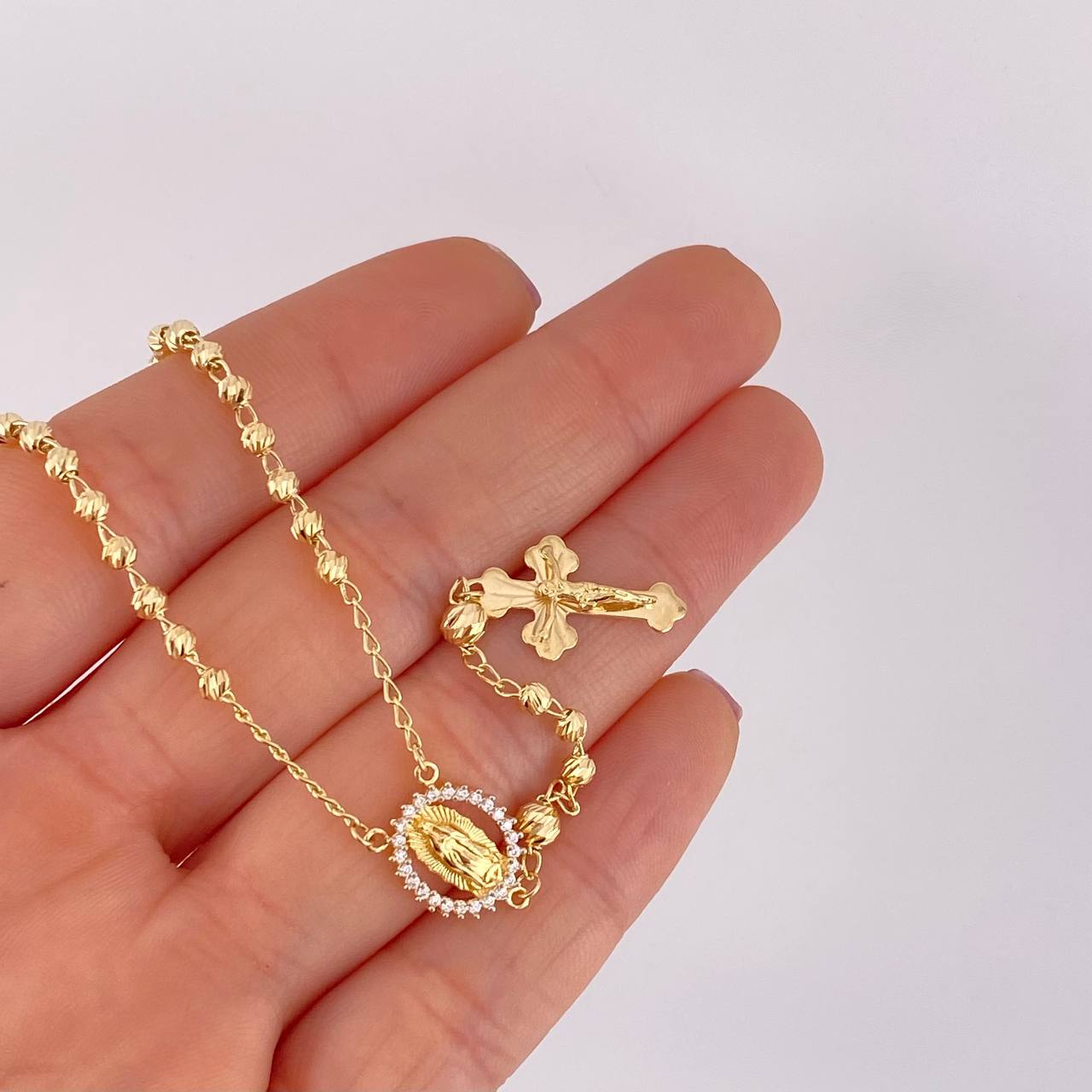 Rosario Virgen Guadalupe Cruz Cristo Diamantado 8.6g / 20 in / 3.4mm Oro Amarillo 18K