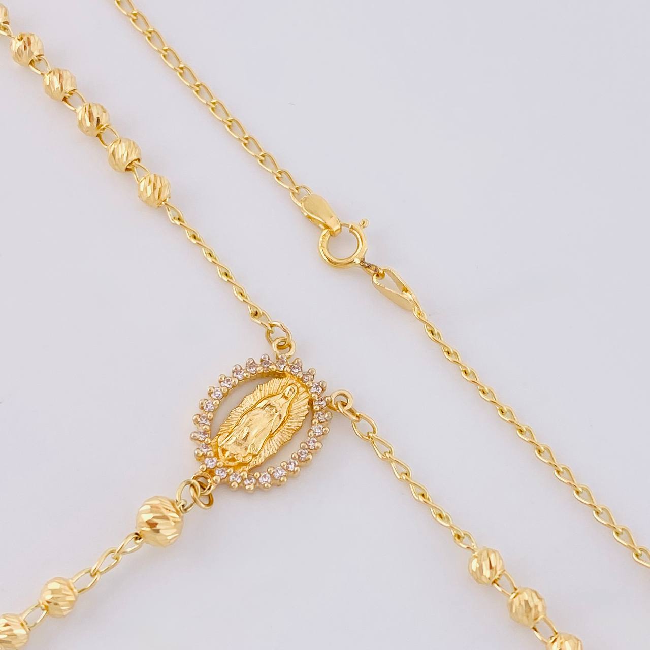 Rosario Virgen Guadalupe Cruz Cristo Diamantado 9g / 20 in / 3.4mm Oro Amarillo 18K