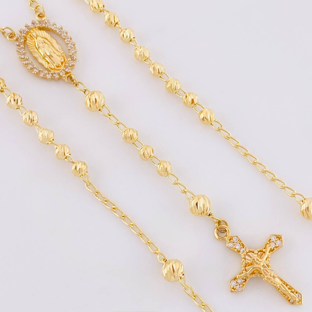 Rosario Virgen Guadalupe Cruz Cristo Diamantado 9g / 20 in / 3.4mm Oro Amarillo 18K