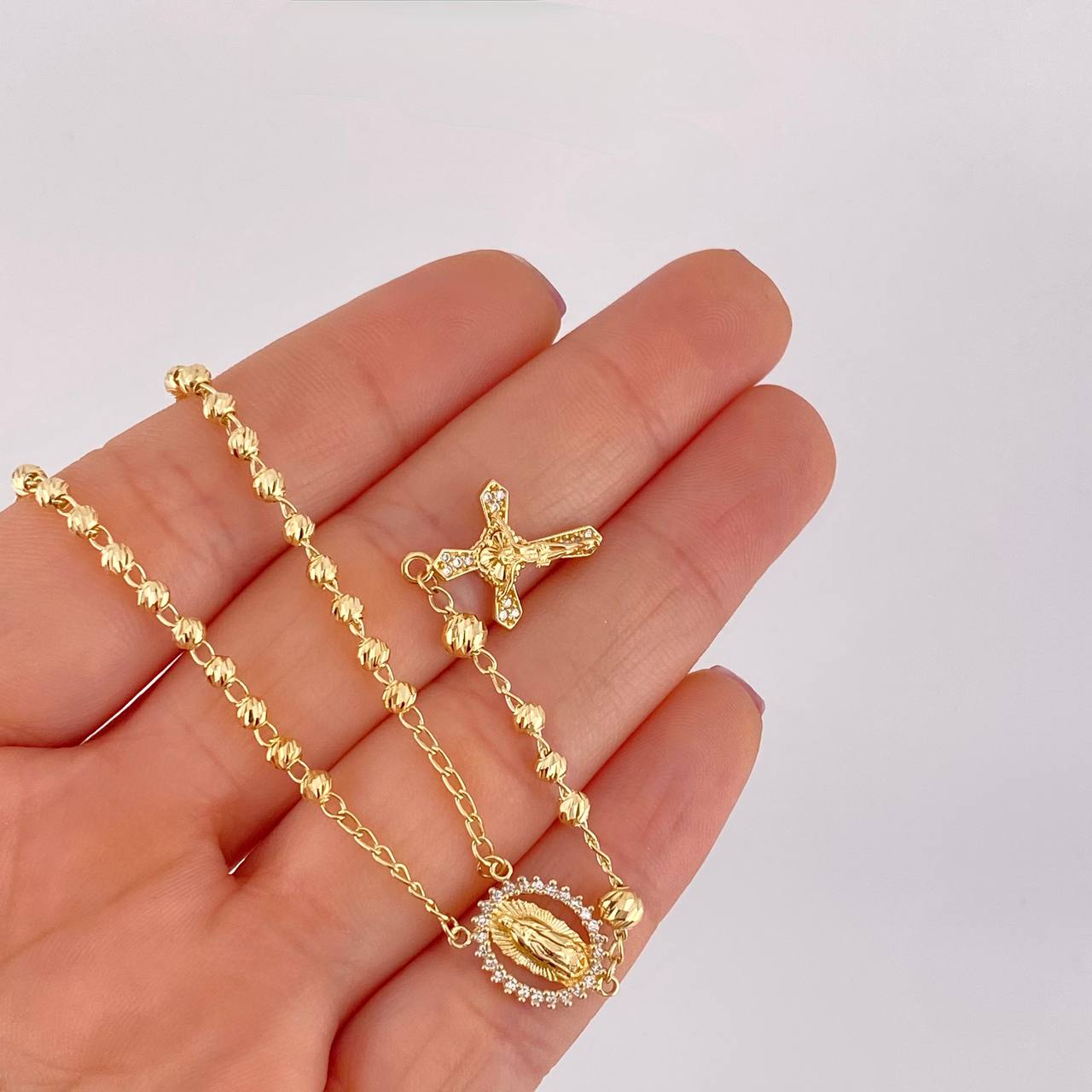 Rosario Virgen Guadalupe Cruz Cristo Diamantado 9g / 20 in / 3.4mm Oro Amarillo 18K