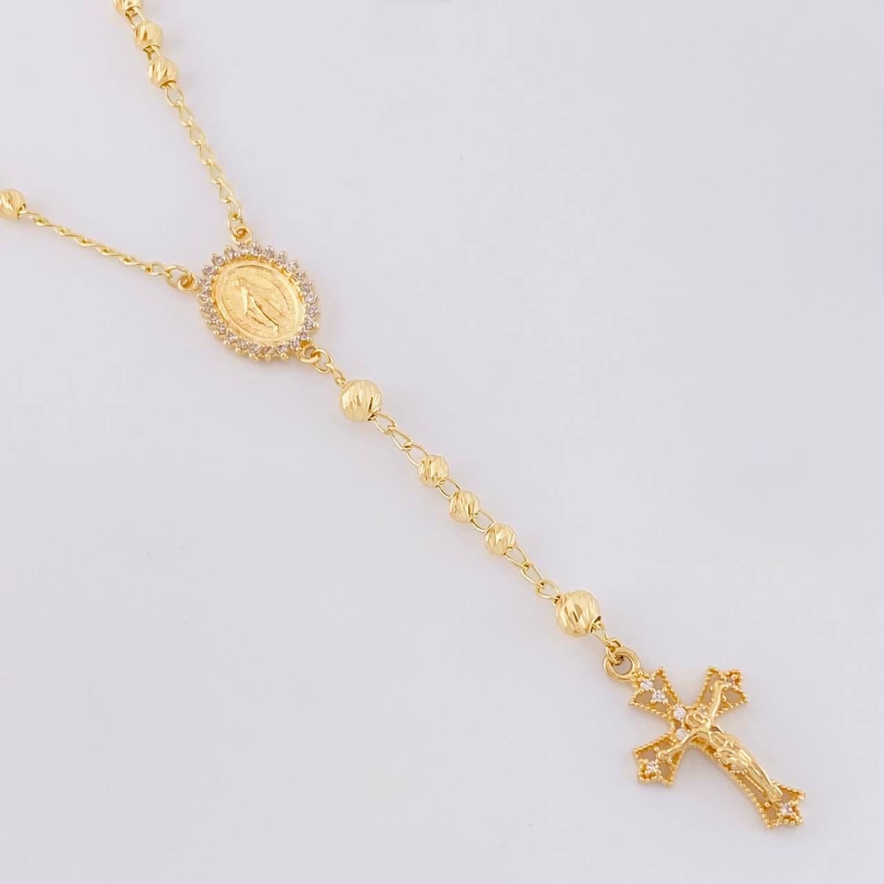 Rosario Virgen Milagrosa Cruz Cristo Diamantado 8.9g / 20 in / 3.4mm Oro Amarillo 18K
