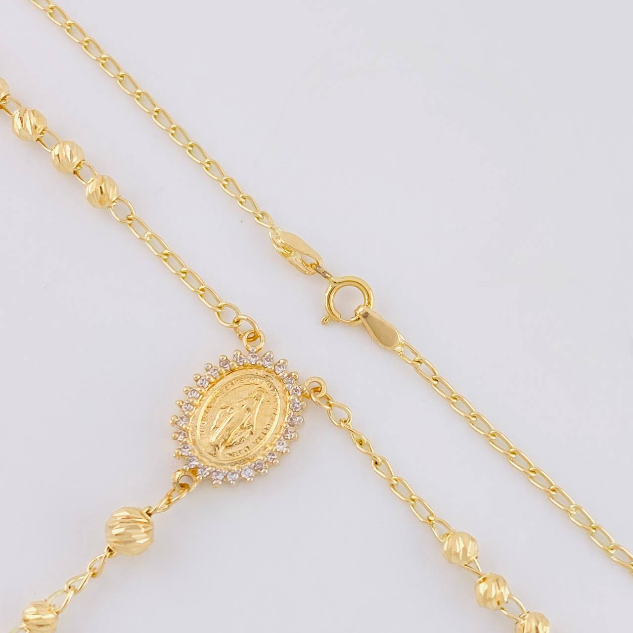 Rosario Virgen Milagrosa Cruz Cristo Diamantado 8.9g / 20 in / 3.4mm Oro Amarillo 18K