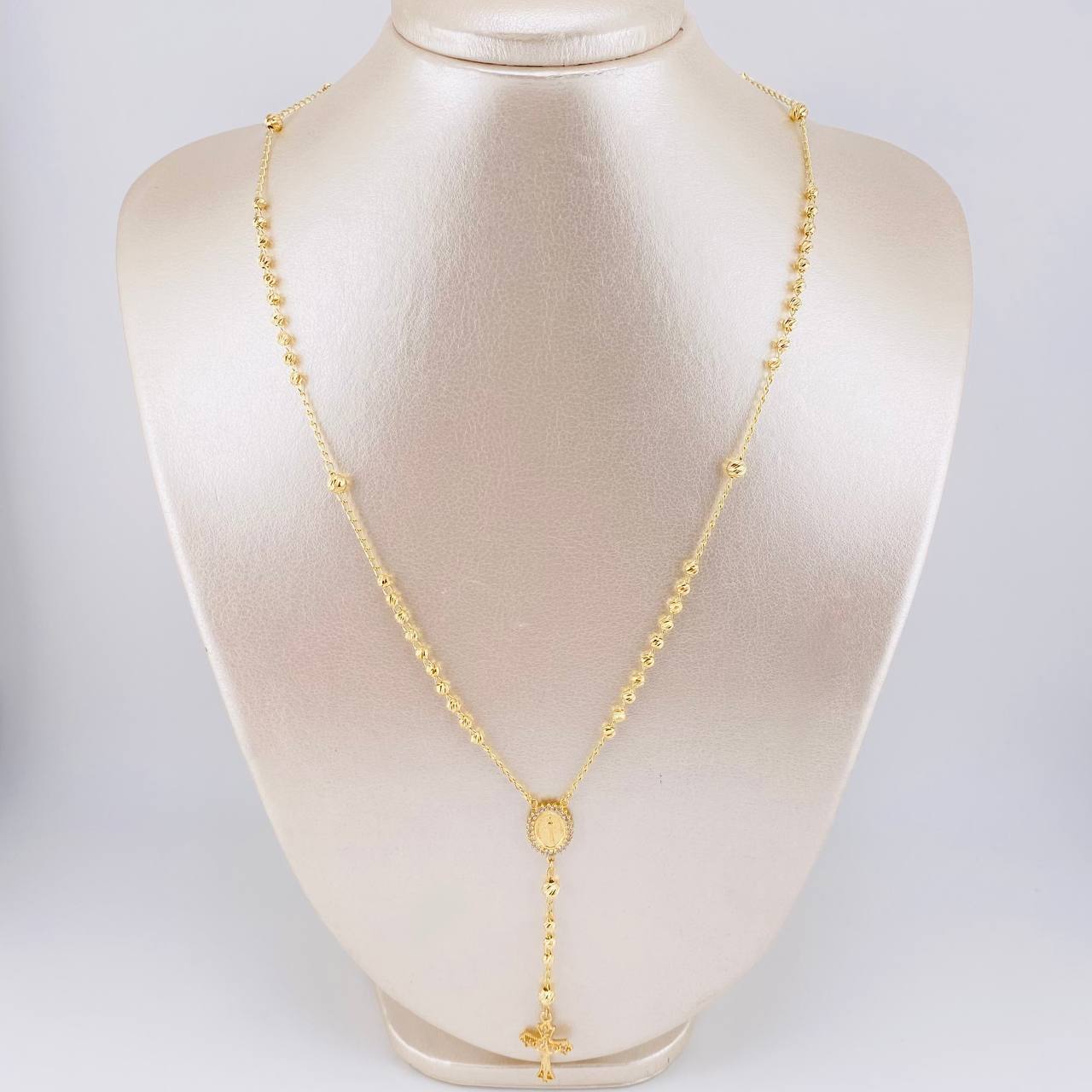 Rosario Virgen Milagrosa Cruz Cristo Diamantado 8.9g / 20 in / 3.4mm Oro Amarillo 18K