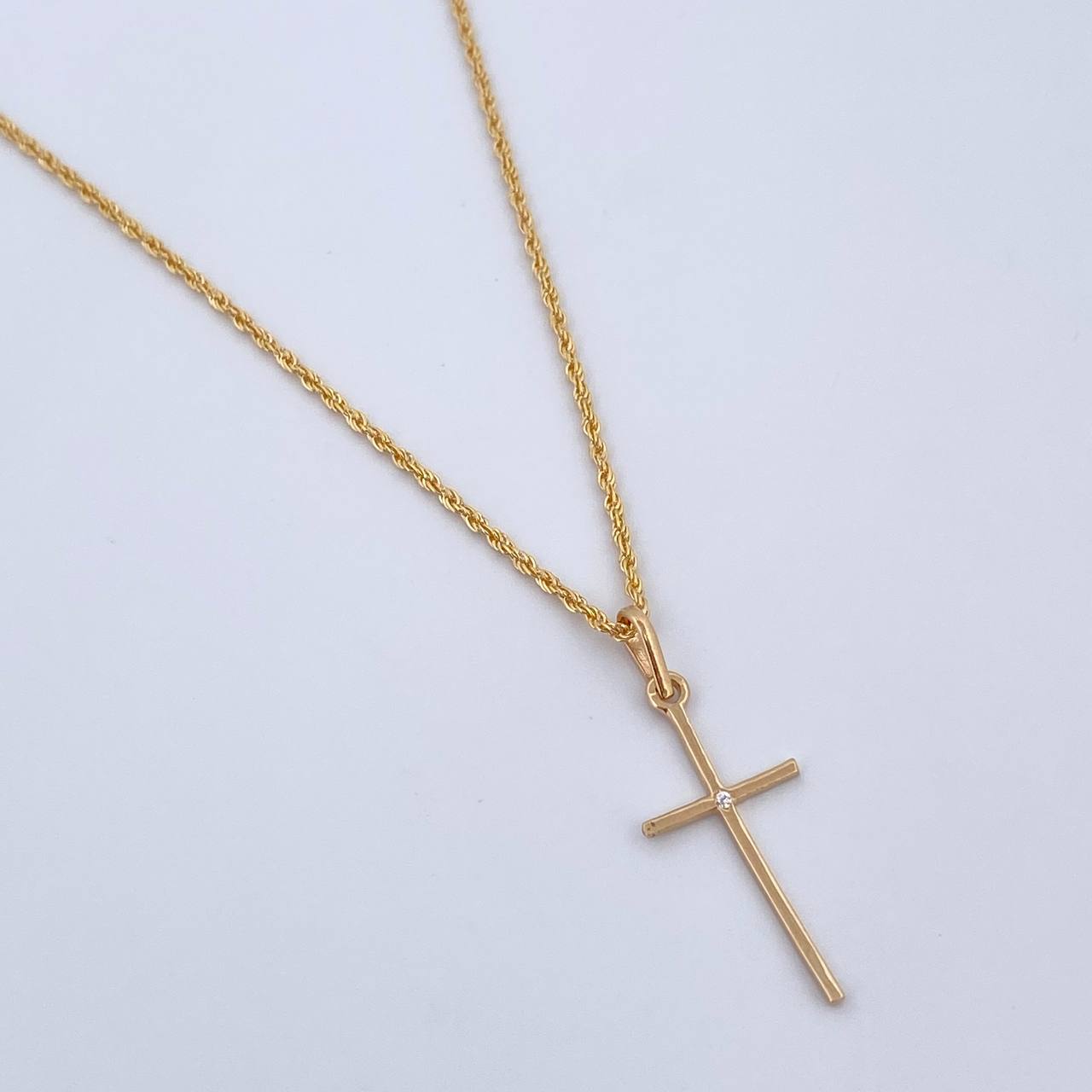 Set Cadena Lazo 0.9gr / 45cm / 1.2mm + Dije Cruz 0.55gr / 2.6cm Circon Blanco Oro Amarillo 18K (Oferta) $